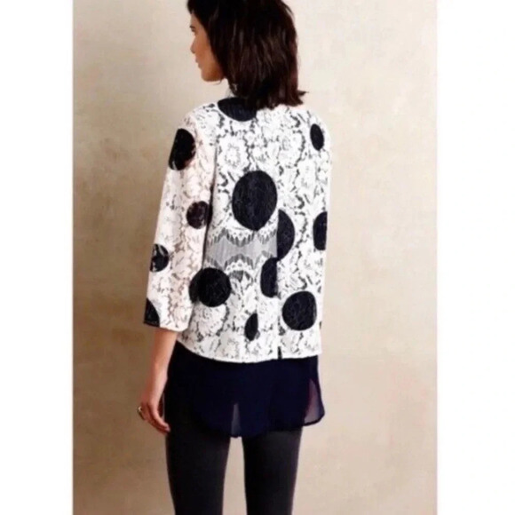 Anthropologie HD In Paris Rochelle Polka Dot Lace Top Blouse Navy Size 4 Small - Picture 7 of 8
